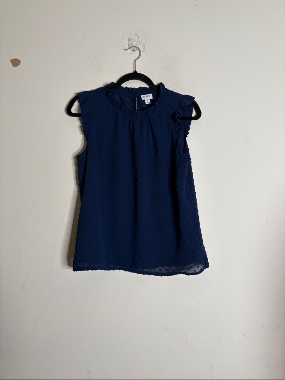 J. Crew Navy Sleeveless Swiss Dot Ruffle Neck Blouse